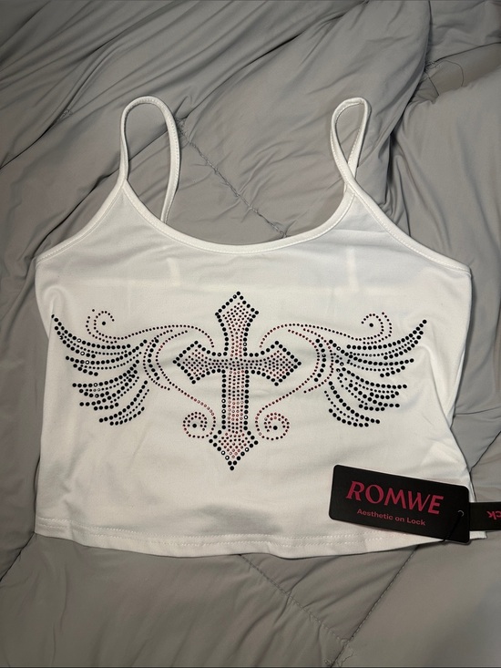 ROMWE Tops - ROMWE White Rhinestone Wing Cross Spaghetti Strap Cropped Camisole